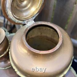 Vintage Brass And Copper Coffee Tea Pot Set Creamer Sugar Bowl Serving Tray