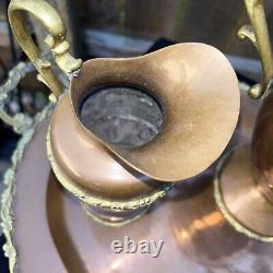 Vintage Brass And Copper Coffee Tea Pot Set Creamer Sugar Bowl Serving Tray