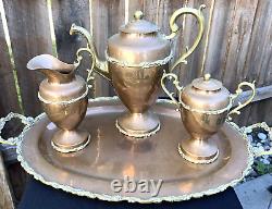 Vintage Brass And Copper Coffee Tea Pot Set Creamer Sugar Bowl Serving Tray