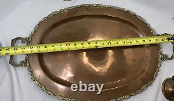 Vintage Brass And Copper Coffee Tea Pot Set Creamer Sugar Bowl Serving Tray