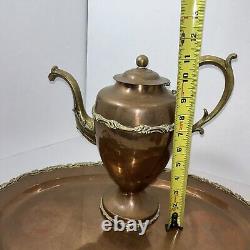 Vintage Brass And Copper Coffee Tea Pot Set Creamer Sugar Bowl Serving Tray