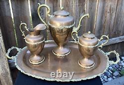 Vintage Brass And Copper Coffee Tea Pot Set Creamer Sugar Bowl Serving Tray