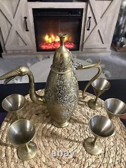Vintage Brass Indian Tea Pot Set With 5 Cups and Plate