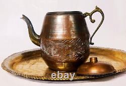 Vintage Brass Teapot Handmade 4 Cups Set And Serving Tray Copper Hand-carved ART