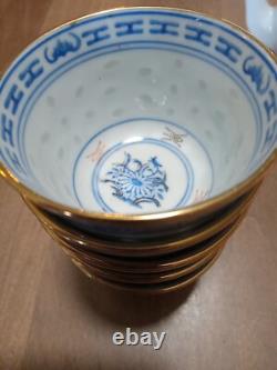 Vintage CHINESE Porcelain Tea Set 5 Cup Set Rice Eye Translucent Pierce Design