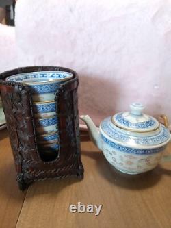Vintage CHINESE Porcelain Tea Set 5 Cup Set Rice Eye Translucent Pierce Design