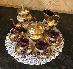 Vintage CZECH/BOHEMIAN Purple Glass Gold Gilt & Enameled Bohemian 13 Piece Tea