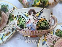 Vintage Capodimonte Cherub Tea Set Teapot Creamer Sugar Cups Saucers Gold Gilt