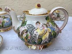 Vintage Capodimonte Cherub Tea Set Teapot Creamer Sugar Cups Saucers Gold Gilt