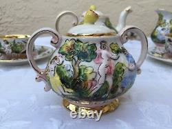 Vintage Capodimonte Cherub Tea Set Teapot Creamer Sugar Cups Saucers Gold Gilt