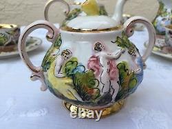 Vintage Capodimonte Cherub Tea Set Teapot Creamer Sugar Cups Saucers Gold Gilt