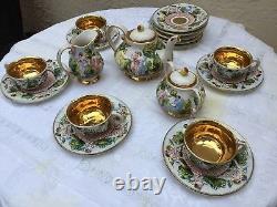 Vintage Capodimonte Cherub Tea Set Teapot Creamer Sugar Cups Saucers Gold Gilt