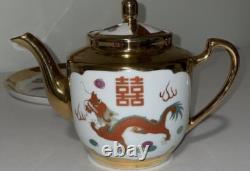 Vintage Chinese Dragon Gold Tea Pot Set with Plate and 4 Cups -NEW