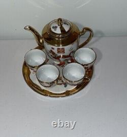 Vintage Chinese Dragon Gold Tea Pot Set with Plate and Cups