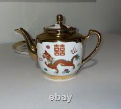 Vintage Chinese Dragon Gold Tea Pot Set with Plate and Cups