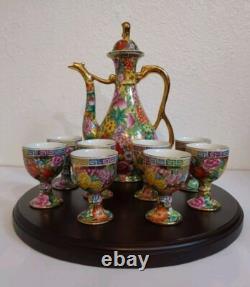 Vintage Chinese Mille Fleure Signed Tea Set-Serving Board Teapot 8 Cups No Chips