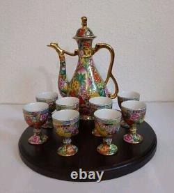 Vintage Chinese Mille Fleure Signed Tea Set-Serving Board Teapot 8 Cups No Chips
