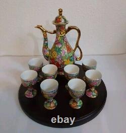Vintage Chinese Mille Fleure Signed Tea Set-Serving Board Teapot 8 Cups No Chips
