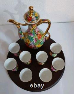 Vintage Chinese Mille Fleure Signed Tea Set-Serving Board Teapot 8 Cups No Chips
