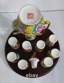 Vintage Chinese Mille Fleure Signed Tea Set-Serving Board Teapot 8 Cups No Chips