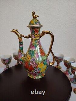 Vintage Chinese Mille Fleure Signed Tea Set-Serving Board Teapot 8 Cups No Chips