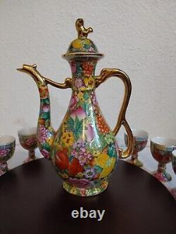 Vintage Chinese Mille Fleure Signed Tea Set-Serving Board Teapot 8 Cups No Chips