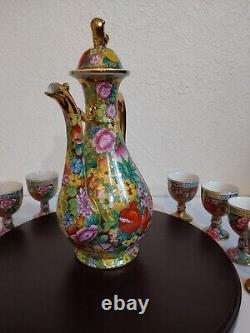 Vintage Chinese Mille Fleure Signed Tea Set-Serving Board Teapot 8 Cups No Chips