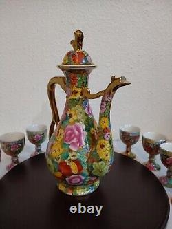 Vintage Chinese Mille Fleure Signed Tea Set-Serving Board Teapot 8 Cups No Chips