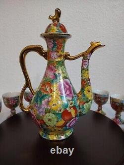 Vintage Chinese Mille Fleure Signed Tea Set-Serving Board Teapot 8 Cups No Chips