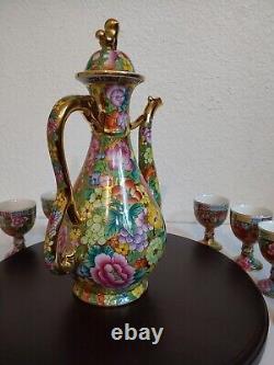 Vintage Chinese Mille Fleure Signed Tea Set-Serving Board Teapot 8 Cups No Chips