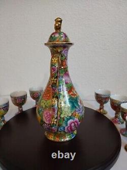 Vintage Chinese Mille Fleure Signed Tea Set-Serving Board Teapot 8 Cups No Chips