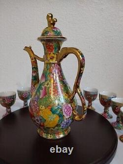 Vintage Chinese Mille Fleure Signed Tea Set-Serving Board Teapot 8 Cups No Chips