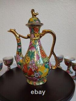 Vintage Chinese Mille Fleure Signed Tea Set-Serving Board Teapot 8 Cups No Chips