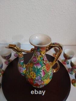 Vintage Chinese Mille Fleure Signed Tea Set-Serving Board Teapot 8 Cups No Chips