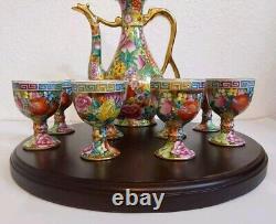 Vintage Chinese Mille Fleure Signed Tea Set-Serving Board Teapot 8 Cups No Chips