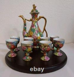 Vintage Chinese Mille Fleure Signed Tea Set-Serving Board Teapot 8 Cups No Chips