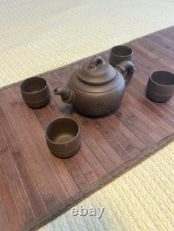 Vintage Chinese Yixing Clay BAMBOO Teapot + 4 cups zisha clay Gongfu
