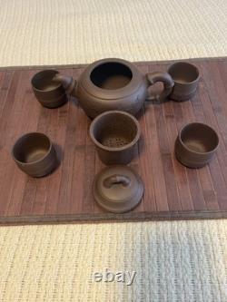 Vintage Chinese Yixing Clay BAMBOO Teapot + 4 cups zisha clay Gongfu