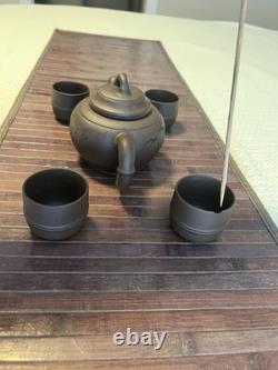 Vintage Chinese Yixing Clay BAMBOO Teapot + 4 cups zisha clay Gongfu