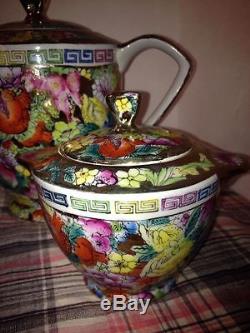 Vintage Chintz Mandarine & Flowers 4 Pieces Made In China Teapot & Sugar Bowl