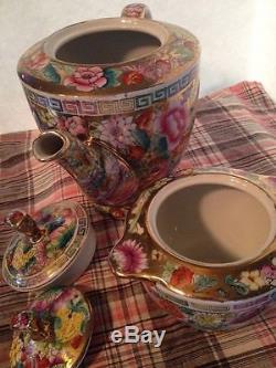 Vintage Chintz Mandarine & Flowers 4 Pieces Made In China Teapot & Sugar Bowl