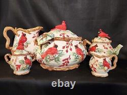Vintage Christmas Cardinal Tureen, Pitcher, Tea Pot Set. 5 Pc