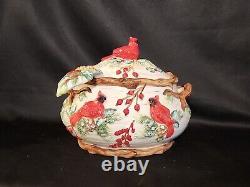 Vintage Christmas Cardinal Tureen, Pitcher, Tea Pot Set. 5 Pc