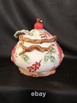 Vintage Christmas Cardinal Tureen, Pitcher, Tea Pot Set. 5 Pc