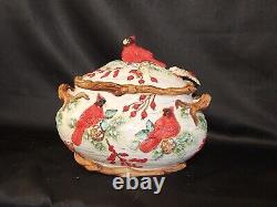 Vintage Christmas Cardinal Tureen, Pitcher, Tea Pot Set. 5 Pc
