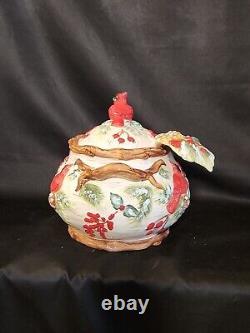 Vintage Christmas Cardinal Tureen, Pitcher, Tea Pot Set. 5 Pc