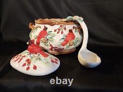 Vintage Christmas Cardinal Tureen, Pitcher, Tea Pot Set. 5 Pc