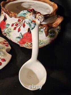 Vintage Christmas Cardinal Tureen, Pitcher, Tea Pot Set. 5 Pc