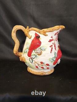 Vintage Christmas Cardinal Tureen, Pitcher, Tea Pot Set. 5 Pc