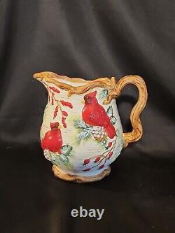 Vintage Christmas Cardinal Tureen, Pitcher, Tea Pot Set. 5 Pc